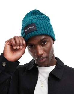 Tommy Hilfiger Patch Logo Ribbed Beanie In Teal For Men Ornamental Green -Tommy Hilfiger Store 206885632 1 ornamentalgreen 1