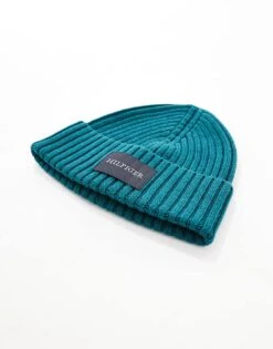Tommy Hilfiger Patch Logo Ribbed Beanie In Teal For Men Ornamental Green -Tommy Hilfiger Store 206885632 4