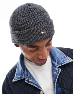 Tommy Jeans Flag Ribbed Beanie In Dark Grey For Men Grey Heather