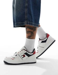 Tommy Jeans Retro Basket Trainers In White Red And Navy For Men Sweet Cayenne