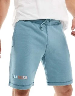 Tommy Hilfiger Multi Logo Sweat Shorts In Light Blue For Men