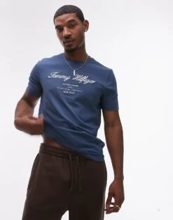Tommy Hilfiger Script Logo T-shirt In Blue For Men Aegean Sea