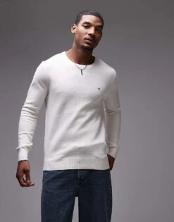 Tommy Hilfiger Essential Crew Neck Jumper In Off White For Men Ivory Petal
