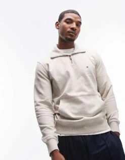 Tommy Hilfiger 1/4 Zip Sweatshirt In Off White For Men Heathered Oatmilk -Tommy Hilfiger Store 207283046 1 heatheredoatmilk 1