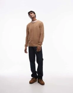 Tommy Hilfiger Essential Crew Neck Jumper In Beige For Men Safari Canvas