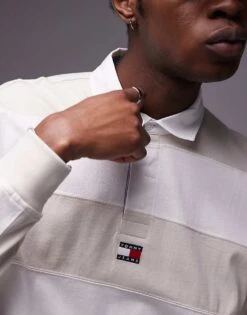 Tommy Jeans Badge Rugby Shirt In Off White Stripe For Men Newsprint -Tommy Hilfiger Store 207285755 3