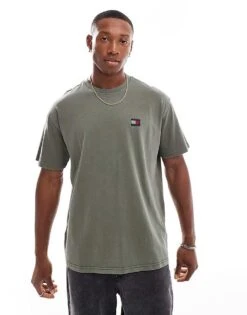 Tommy Jeans Relaxed Badge T-shirt In Washed Dark Olive Green For Men Fatigue Green