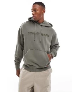 Tommy Jeans Tonal Linear Logo Hoodie In Washed Khaki For Men Fatigue Green -Tommy Hilfiger Store 207286144 1 fatiguegreen 1