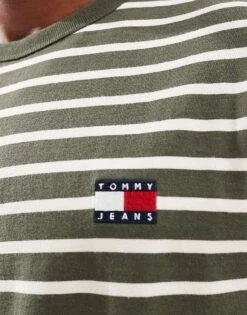 Tommy Jeans Badge T-shirt In Olive And Cream Stripe For Men Green / Newsprint -Tommy Hilfiger Store 207286270 3