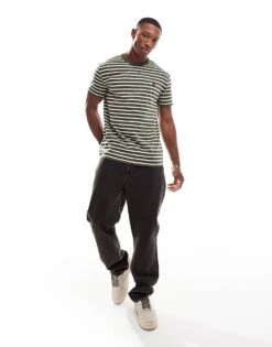 Tommy Jeans Badge T-shirt In Olive And Cream Stripe For Men Green / Newsprint -Tommy Hilfiger Store 207286270 4