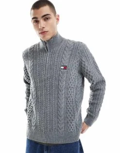 Tommy Jeans Cable Knit 1/4 Zip Jumper In Grey For Men Grey Htr -Tommy Hilfiger Store 207286455 1 greyhtr 1