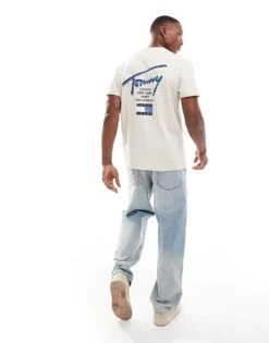 Tommy Jeans Regular Signature Back Print T-shirt In Off White And Blue For Men Newsprint