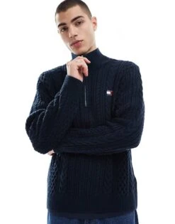 Tommy Jeans Cable Knit 1/4 Zip Jumper In Navy For Men Dark Night Navy -Tommy Hilfiger Store 207286528 1 darknightnavy 1