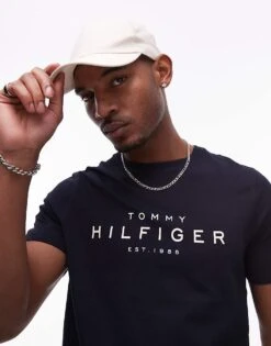 Tommy Hilfiger Logo Crew Neck T-shirt In Navy Blue For Men Dark Blue -Tommy Hilfiger Store 207713907 2