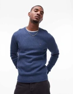 Tommy Hilfiger Herringbone Knit Crew Neck Jumper In Dark Blue For Men