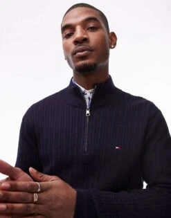 Tommy Hilfiger Herringbone Knit Half-zip Jumper In Navy Blue For Men Dark Blue