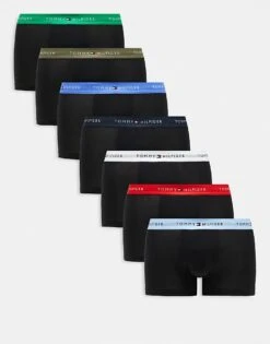 Tommy Hilfiger Signature Cotton Essentials 7 Pack Trunks In Black With Multi Waistband For Men Ir Bl/wht/grn/fr R