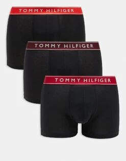 Tommy Hilfiger Everyday Essentials 3 Pack Trunks In Black With Red Waistbands For Men Hot Heat/med Red/d