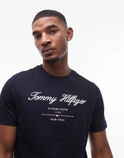 Tommy Hilfiger Script Logo T-shirt In Navy For Men Desert Sky
