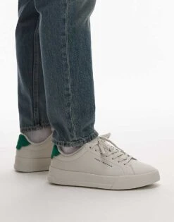 Tommy Hilfiger Leather Court Trainers In Off White And Green For Men Alabaster