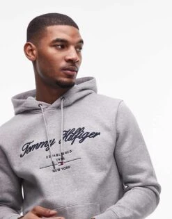 Tommy Hilfiger Script Logo Hoodie In Grey For Men Light Grey Heather