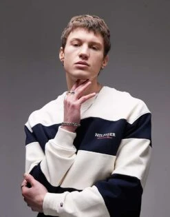 Tommy Hilfiger Stripe Sweatshirt In Navy And Off White For Men Desert Sky