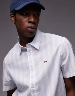 Tommy Jeans Linen Shirt In Light Blue And White Stripe For Men Sweet Blue / Ecru -Tommy Hilfiger Store 207795678 3