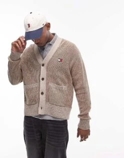 Tommy Jeans Badge Logo Knitted Two Tone Cardigan In Brown For Men Vintage Camel