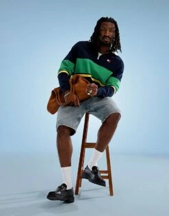 Tommy Jeans Zip Colorblock Rugby Top In Navy And Green For Men Dark Night Navy