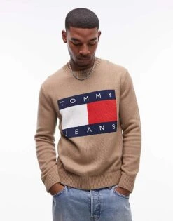 Tommy Jeans Regular Flag Sweatshirt In Brown For Men Vintage Camel Melan -Tommy Hilfiger Store 207795748 1 vintagecamelmelan 1