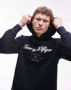 Tommy Hilfiger Embroidery Logo Hoody In Navy Blue For Men