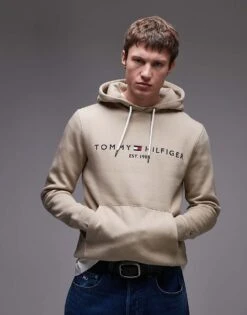 Tommy Hilfiger Logo Embroidery Drawstring Hoody In Light Brown For Men -Tommy Hilfiger Store 208013710 1 lightbrown 1