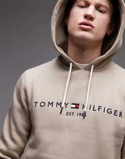 Tommy Hilfiger Logo Embroidery Drawstring Hoody In Light Brown For Men -Tommy Hilfiger Store 208013710 4