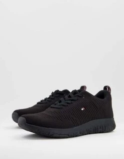 Tommy Hilfiger Knit Runner Trainer With Small Flag Logo In Black For Men